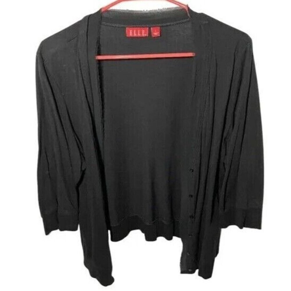 Elle Black Lightweight Button-Up Cardigan W/ Chiffon Trim 3/4 Sleeves Womens Siz